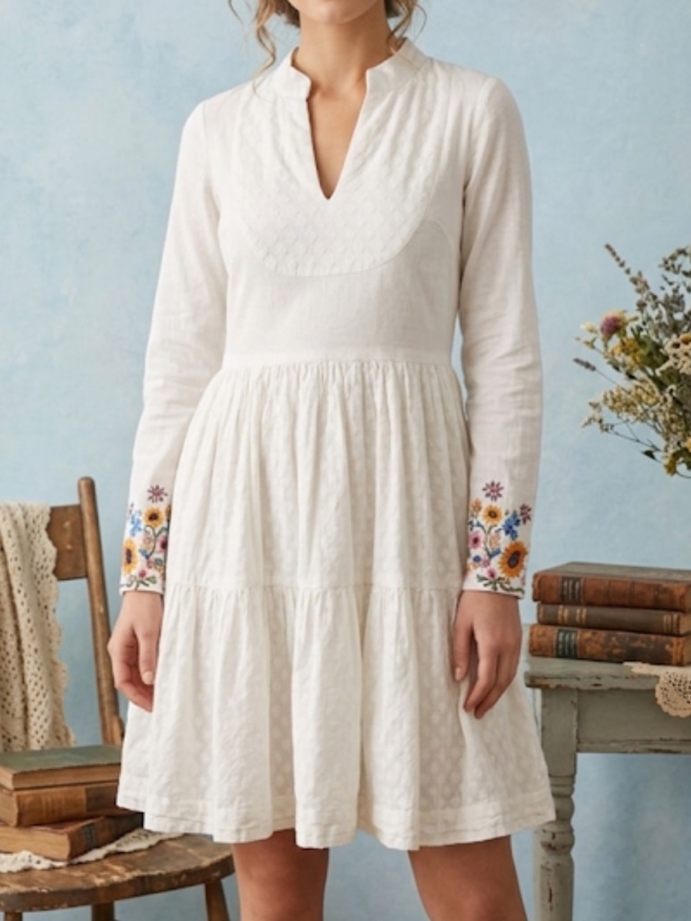 The Woven Threads x Oracra Embroidered Boho Mini Dress White Cotton Tiered Small